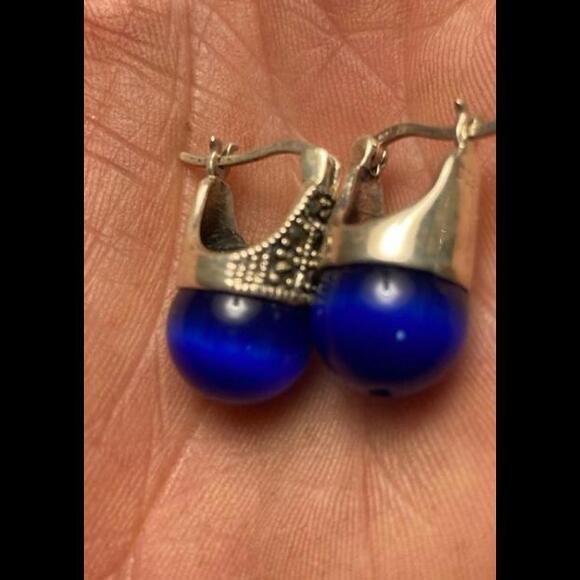 Unique Cobalt Blue Marcasite Earrings From Paris - Picture 2 of 6